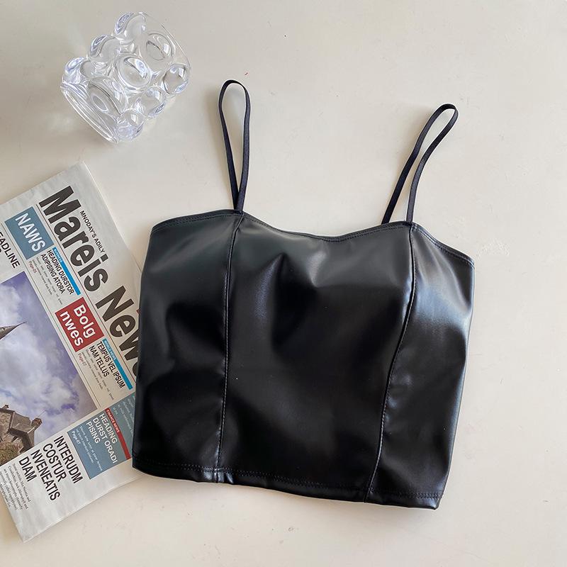 Retro Hong Kong Style Women's Slim Leather Suspender Vest with Fixed Cup