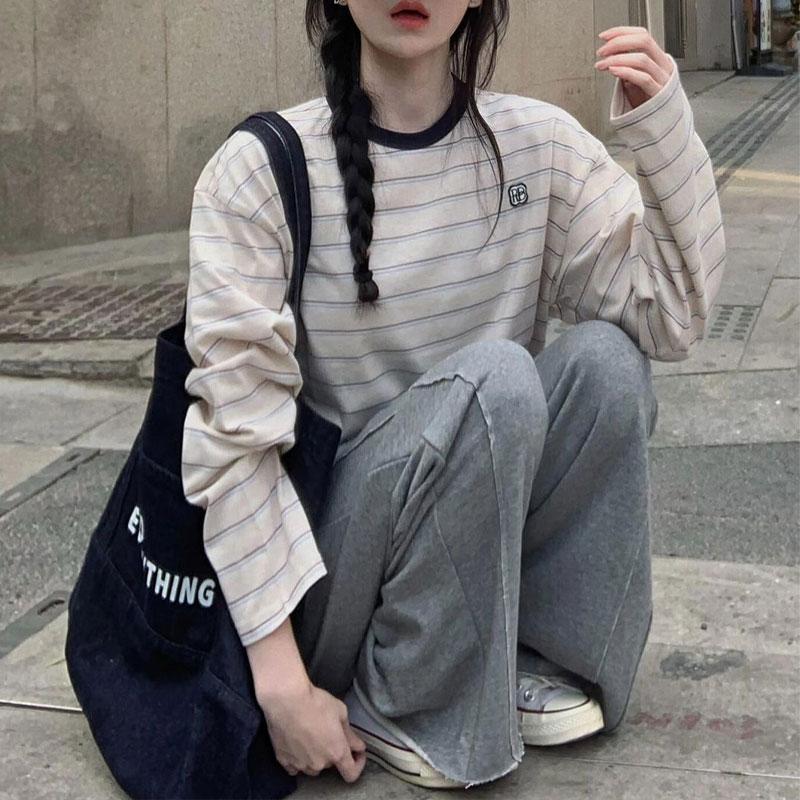 Fashionable Striped O-Neck Pullovers Autumn Korean Basic Loose Female Patch Casual Long Sleeve T-shirts