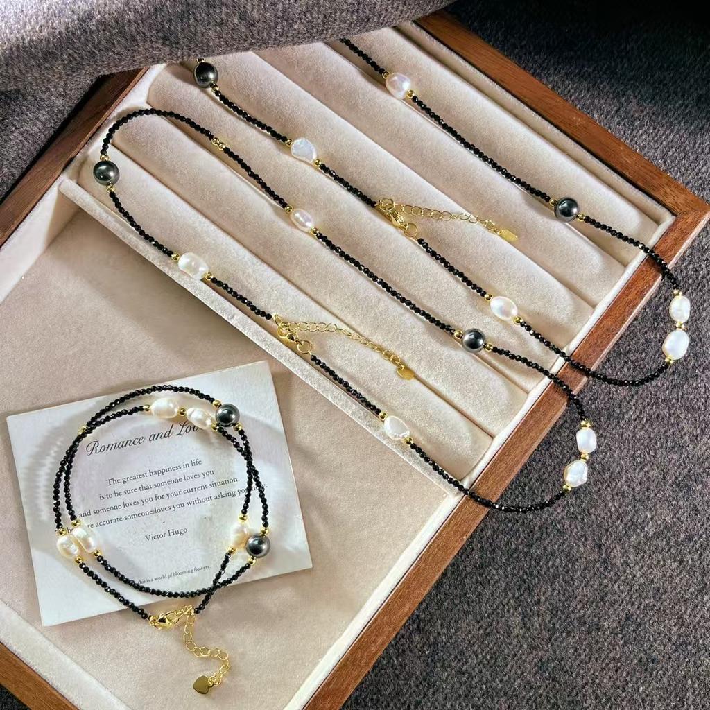 Vintage Design Sense Natural Baroque Pearl Faux Crystal Tahitian Black Pearl Collarbone Chain Necklace