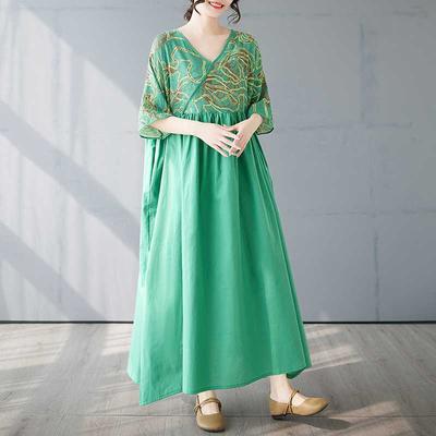 Sommerkleid aus Baumwolle und Leinen im Patchwork-Retro-Stil, langer Rock