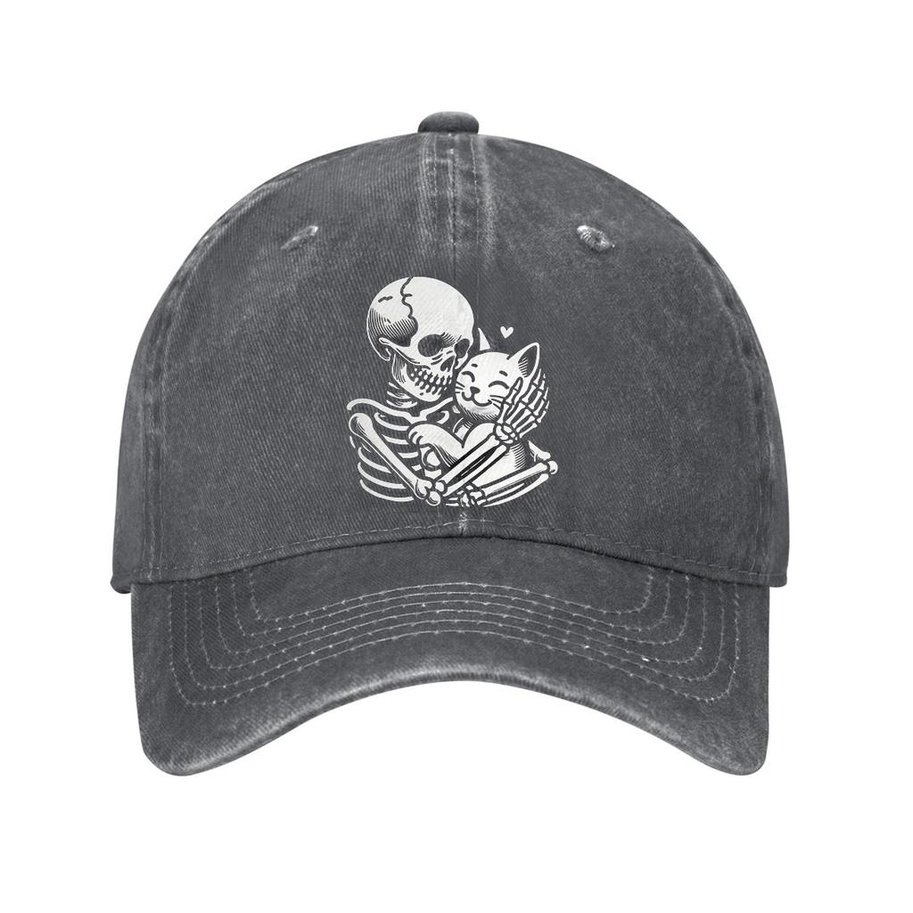 Skeleton Hugging Cat Print Baseball Cap Cotton Adjustable Curved Brim Dad Hat Casual Unisex