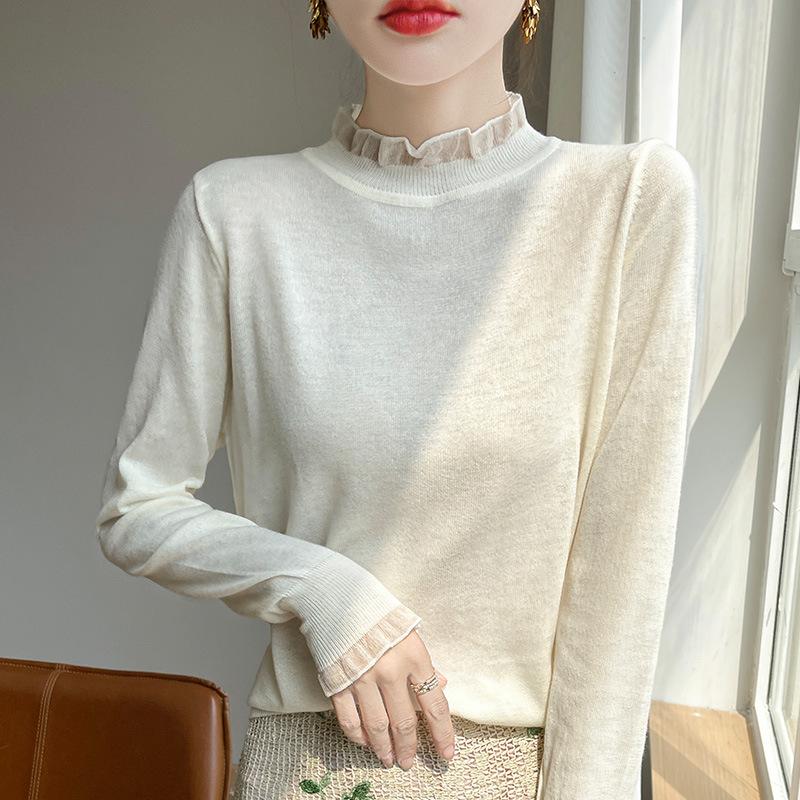 Women's Simple Ruffled Half-High Neck Thin Knitted Wool Sweater Lace Elegant Solid Color Comfortable Frilled Base Layer