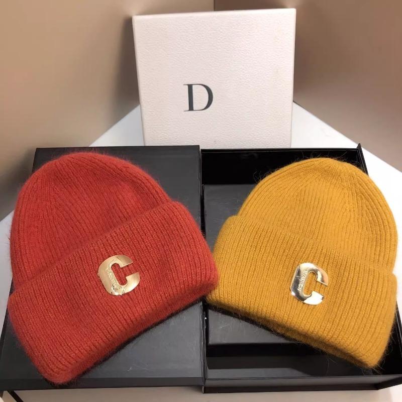 Big Head Circumference Rabbit Hair Knitted Hat Autumn and Winter Women's C Letter Tide White Gray Thickened Warm Ski Ear Protection Wool Cold Hat