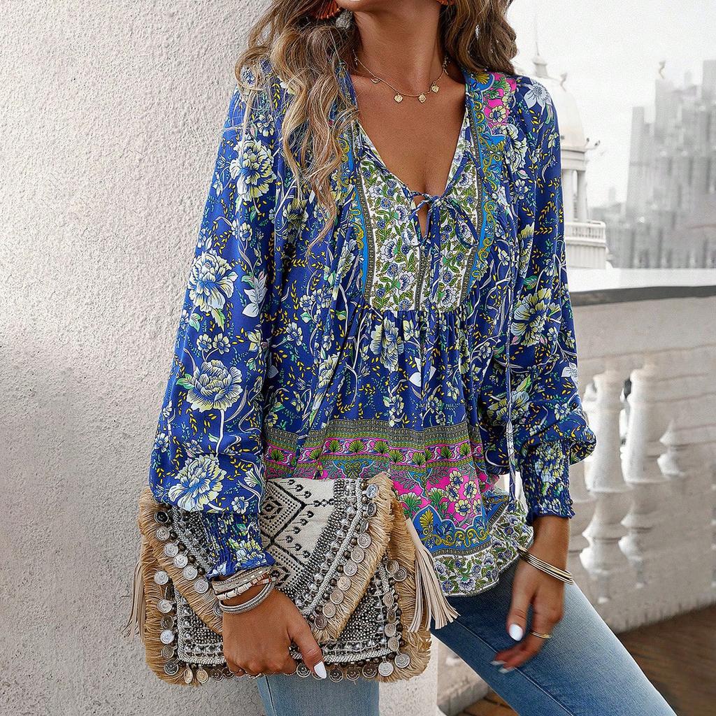 2025 Autumn, Bohemian Vacation Style, Printed, Lace Up, Long Sleeved Top, Women's Shirt, Casual Wear, Comfortable Top