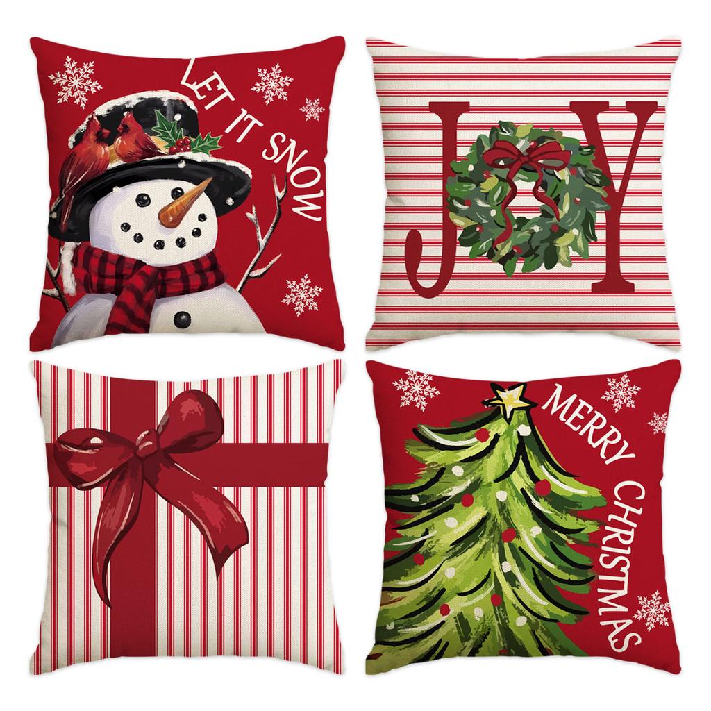 1 \ 4pcs Christmas Pillow Cover Snowman, Elderly, Printed Pattern Cushion Cover, Suitable for Room Living Room, (No Pillow Core)