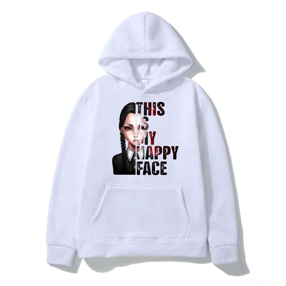 

Толстовка с капюшоном This Is My Happy Face Wednesday Addams, пуловер унисекс, женские забавные толстовки в стиле Харадзюку, осенне-зимние винтажные толстовки с капюшоном