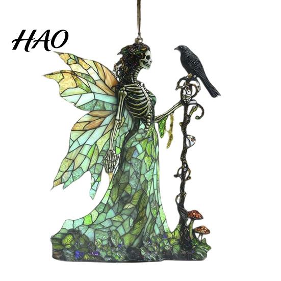Durable Acrylic Decor Stained Glass Style Skeleton Fairy Window Hanging Suncatcher, Decorative Ornament with Butterfly Wings Yard Accents for