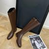 Fashion Vintage Warm Plush Women Knee High Boots Fashion Belt Buckle Shoes Autumn Winter Pointed Low Heel Women's Knight Long Booties
