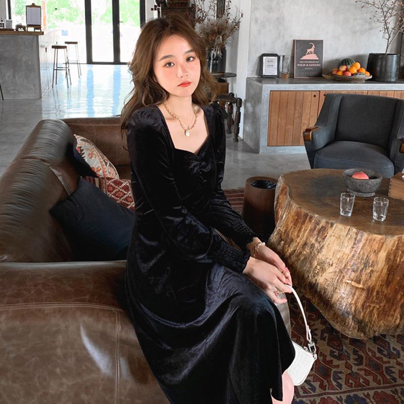 

111 #good quality black golden velvet dress temperament women s clothing slim slim slim temperament long skirt S чёрный