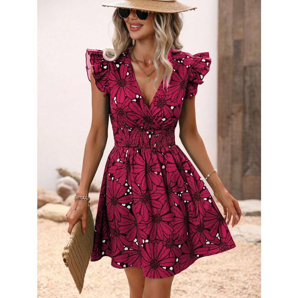 Women's Summer V-Neck Dress - Sexy Wrap Waist Floral Ruffle Sleeveless Bodycon Dress