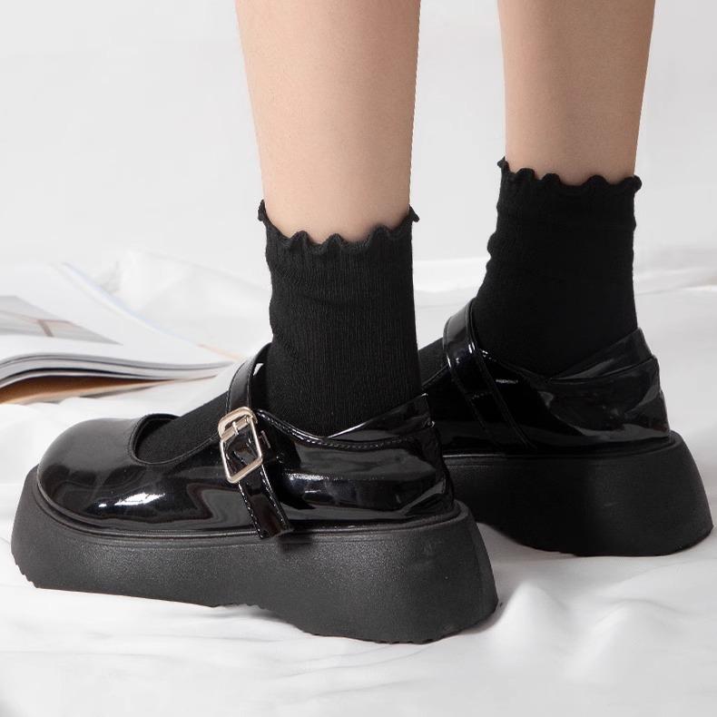 Chaussettes de Cheville à Volants Style Académie Lolita Japonaise - Sangles Croisées & Coton Couleur Unie