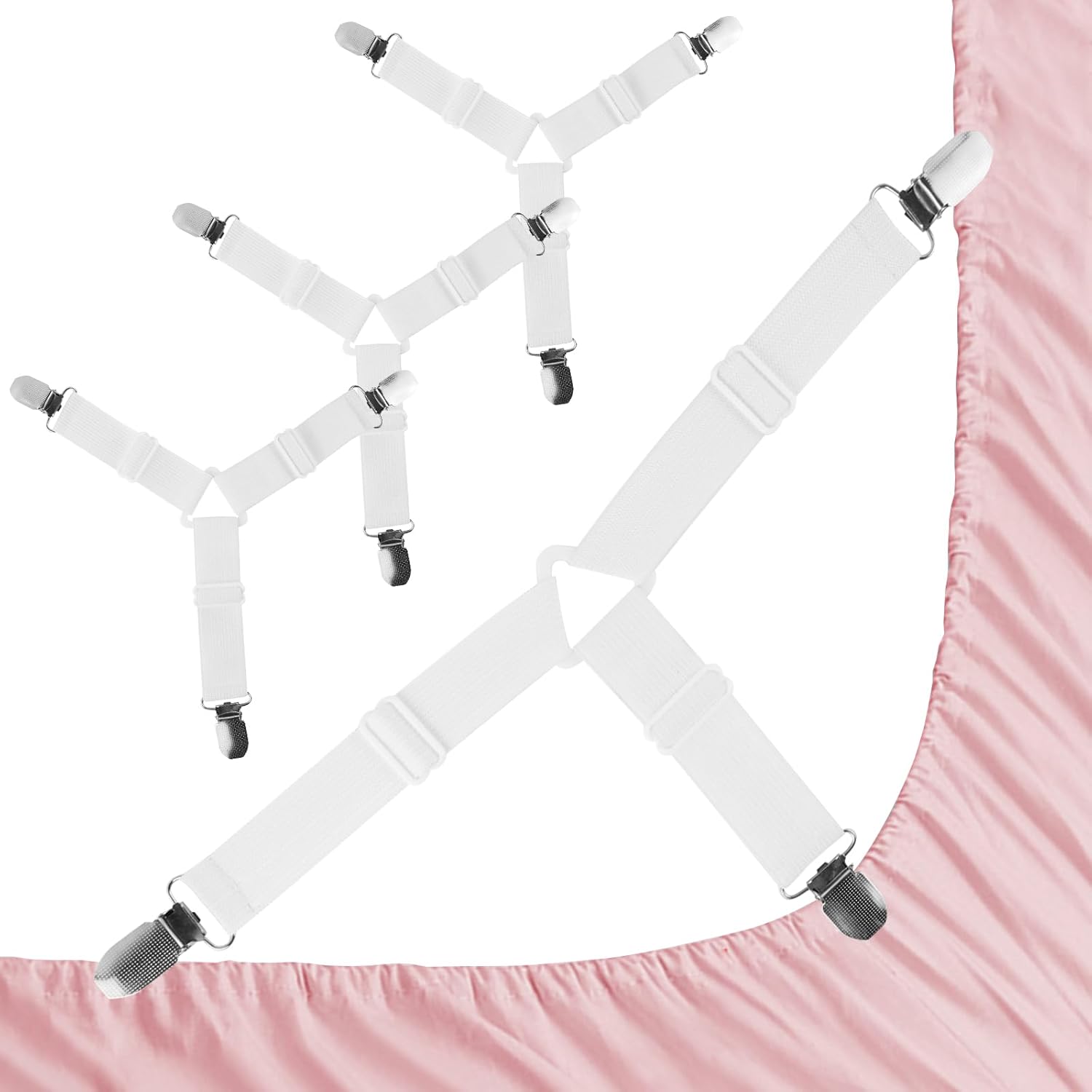 Bed Sheet Straps,4Pcs Non-Slip Elastic Fitted Sheet Straps,Adjustable Bed Sheet Clips Fasteners for Mattress Covers,Sofa Cushions, Sheet Holders Keep A-white