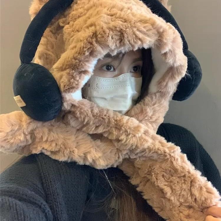 Cute Headphones Bear Hat for Women In Autumn and Winter Thickened Cold and Warm Plush Face Protecting Hat and Scarf