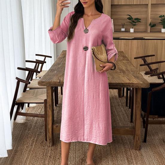 Sommer Baumwollkleid für Damen Langarm V-Ausschnitt Fließendes Langes Kleid Lässig Strandurlaub A-Linie Sommerkleid