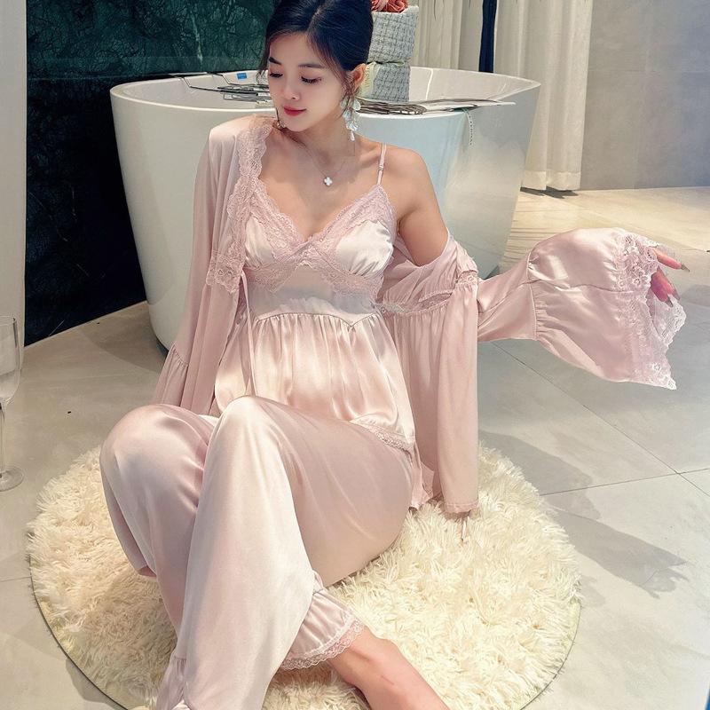 Zhao Ruth Internet Celebrity Three-piece Women's Spring Summer Ice Silk Pajamas Lace Sexy Suspenders Thin Pure Desire Trousers