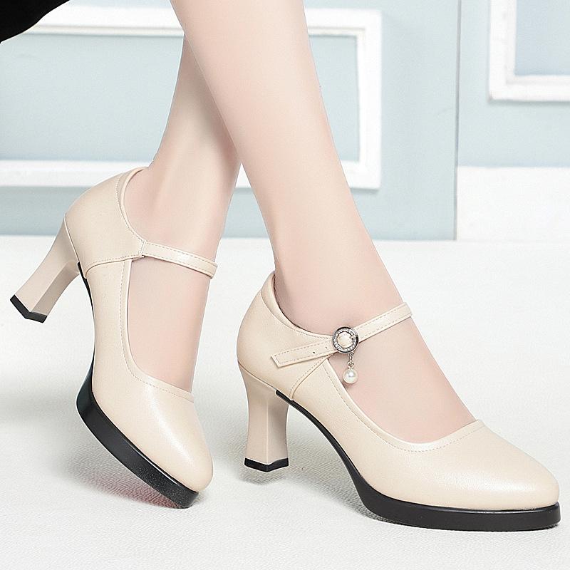 Etiquette high-heeled leather shoes soft leather platform single shoes thick-heeled catwalk shoes waterproof table one-word buckle belt women's shoes