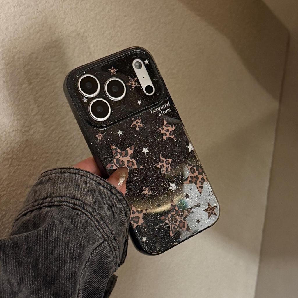 Glitter Leopard Print Star Phone Case for iPhone 15, iPhone 16, iPhone 17 Pro Max