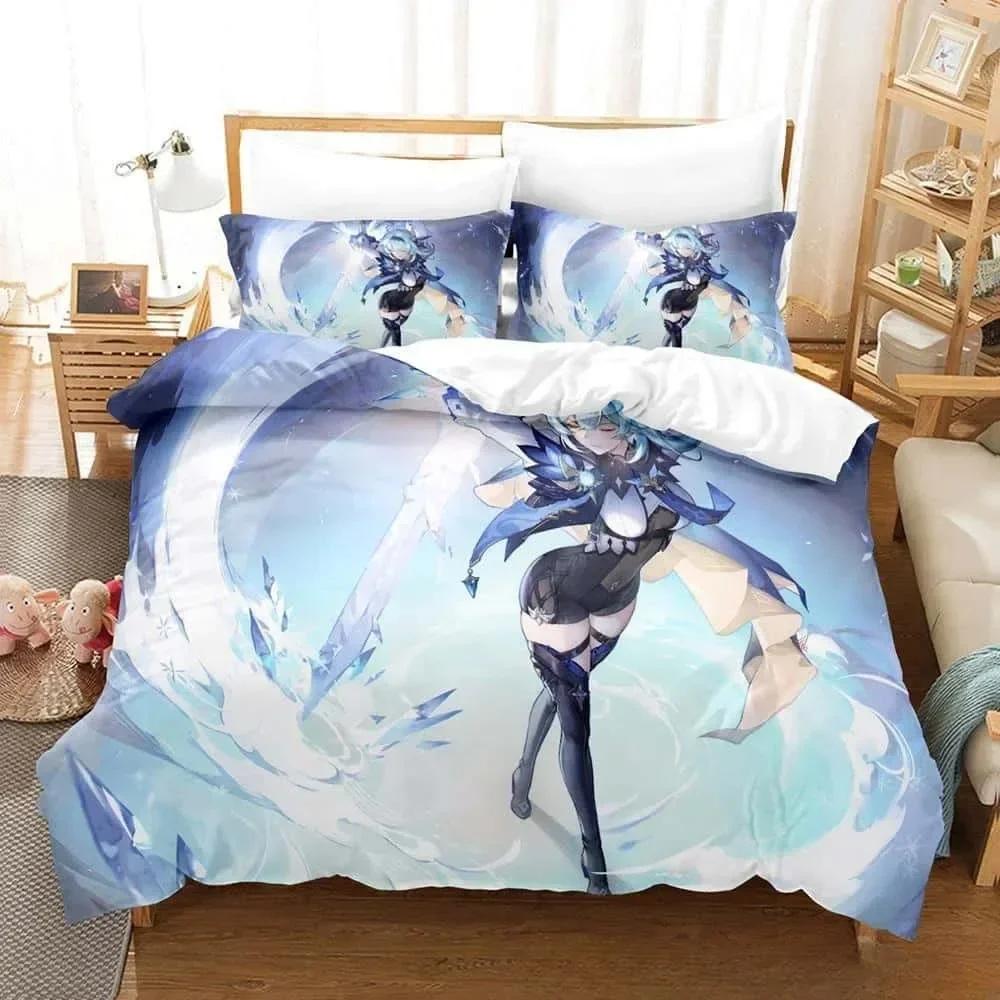 Kawaii Anime Genshin Impact Eula Lawrence Bedding Set Single Twin Full Queen King Size Bed Set Adult Kid Bedroom Duvetcover Sets