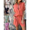 Zomer Damesmode Elegant Shorts Korte Mouw Tweedelige Set Casual Forens Losse Knoop Blouse Tops En Shorts Set