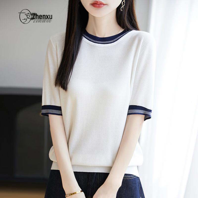 Women's Lyocell-Cotton Blend Silk Knit Color-Block Short Sleeve T-Shirt