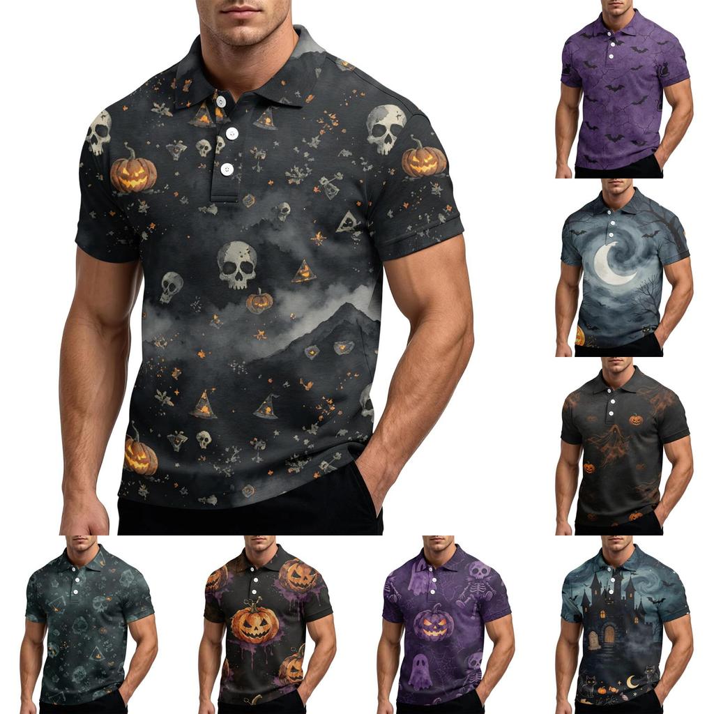 Men's Halloween Print Short Sleeve Polo Shirt Loose Casual Summer Daily Wear Top with Button Collar and Relaxed Fit for Outdoor Activities