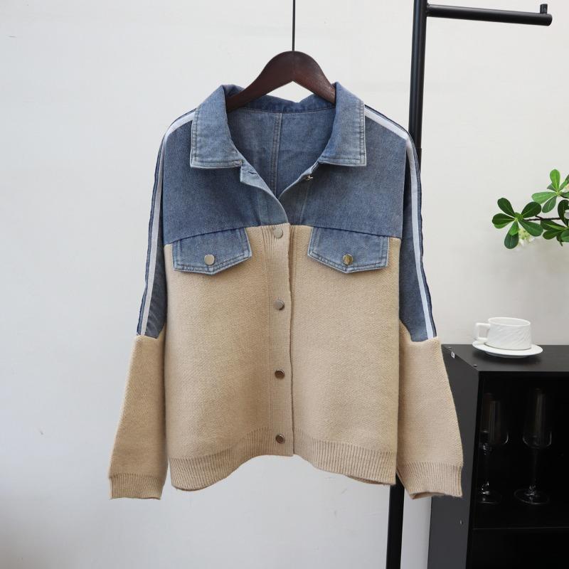 

Модная джинсовая куртка-свитер с лоскутным шитьем, новый дизайн осени и зимы, свободный повседневный универсальный вязаный кардиган для женщин one size fits all хаки