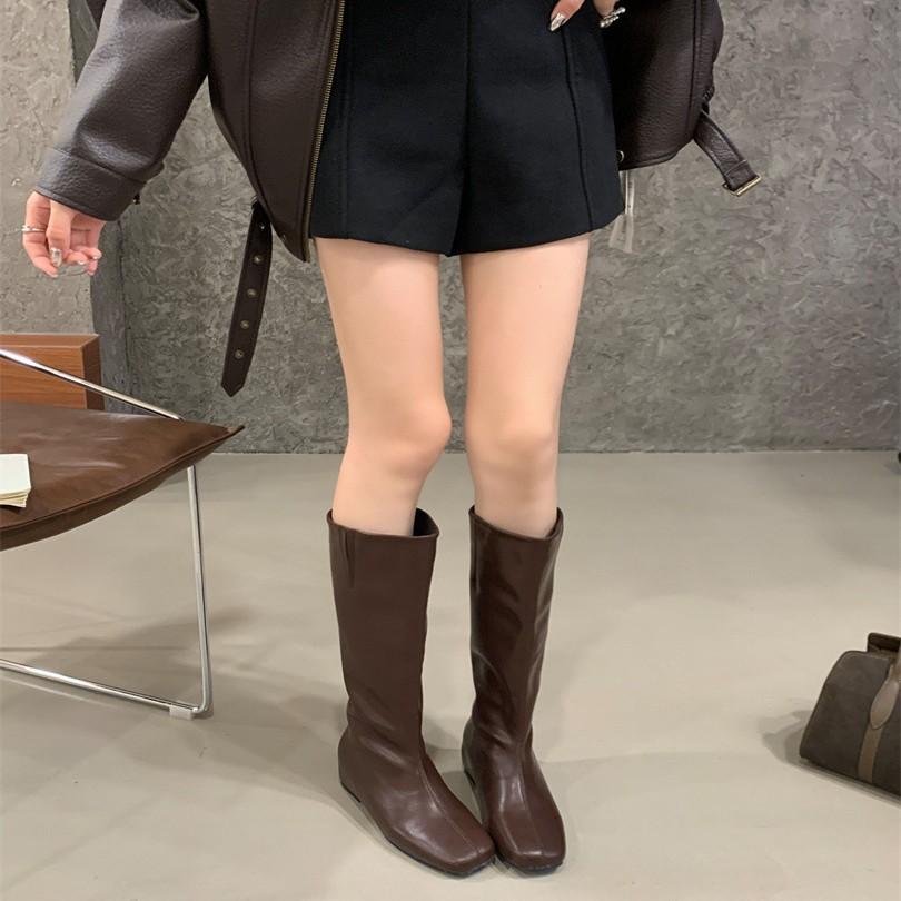 Two wear wide tube high boots square head low heel boots 2025 autumn new versatile women's shoes