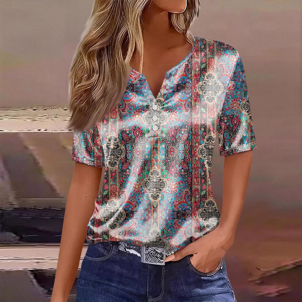 Women's Fashion Casual Retro Print  Collar Short Sleeve Button T-Shirt Top