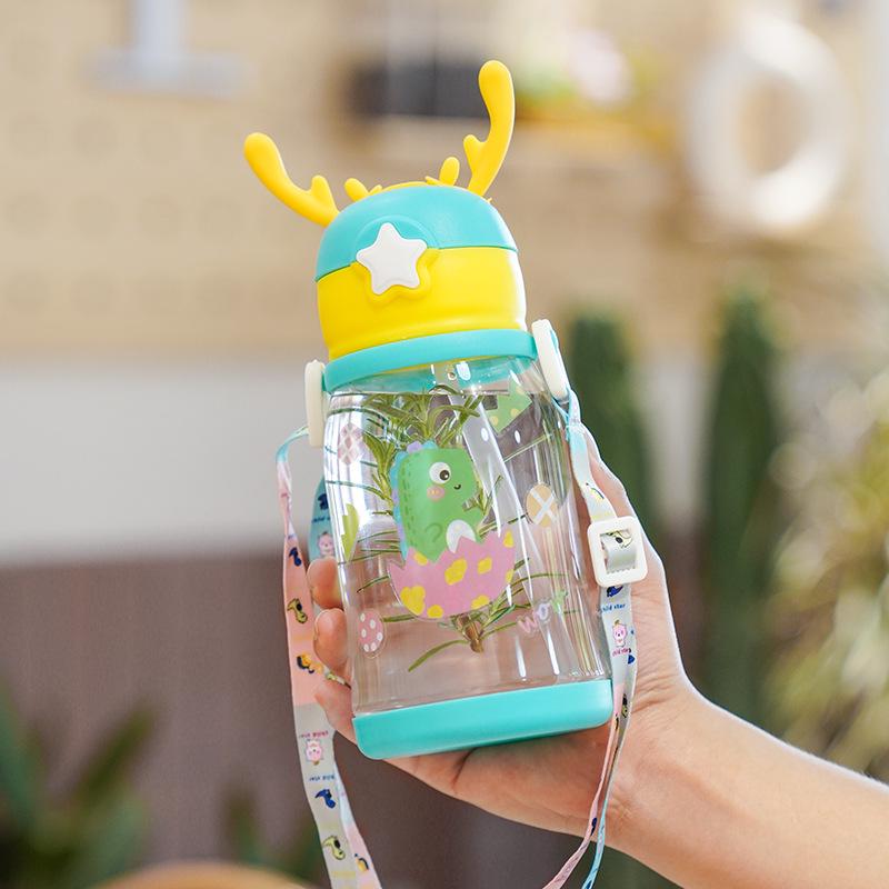 Kids' Cartoon Antler Straw Water Bottle with Strap - Large Capacity, Durable Plastic