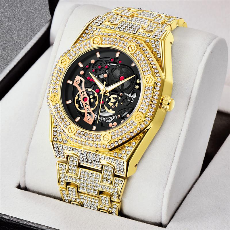 Men's Hip Hop Quartz Watch with Diamond-Set Alloy Band, Trendy and Cool with Calendar Feature.