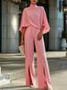 Conjunto de Dos Piezas para Mujer: Top de Cuello Alto con Mangas tipo Capa y Pantalones de Pierna Ancha de Color Sólido, Atuendo Elegante