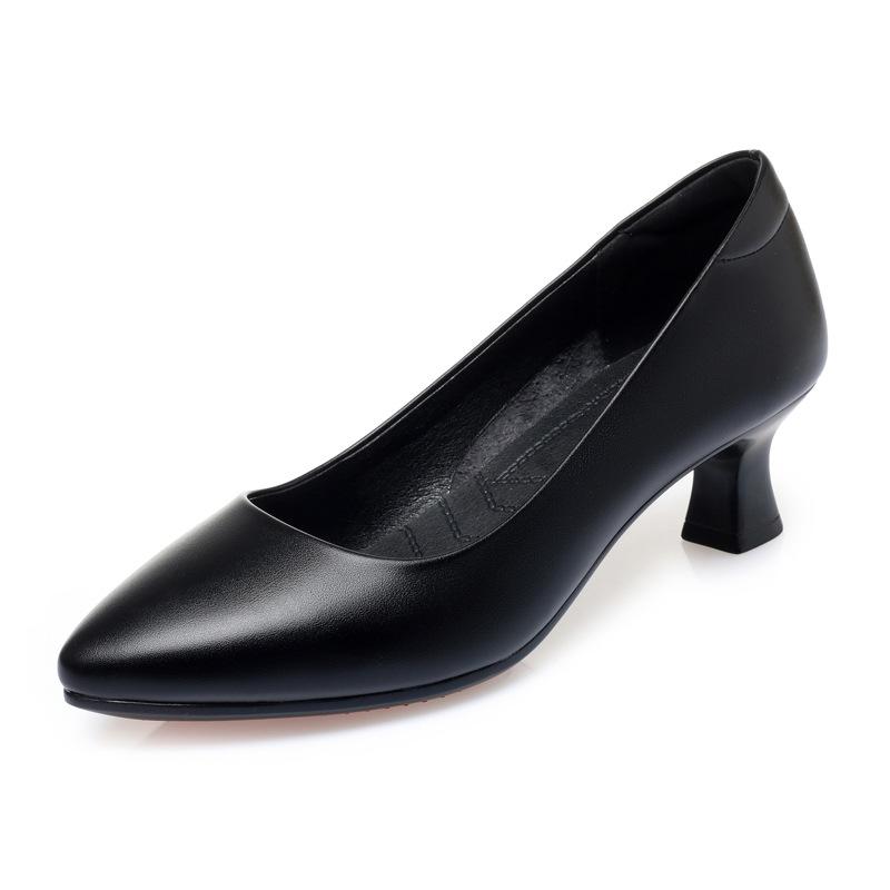 Women's Spring and Autumn Professional Shoes Genuine Leather Soft-Soled Work Shoes Black Mid-Heel Chunky Heel Comfortable Leather Shoes