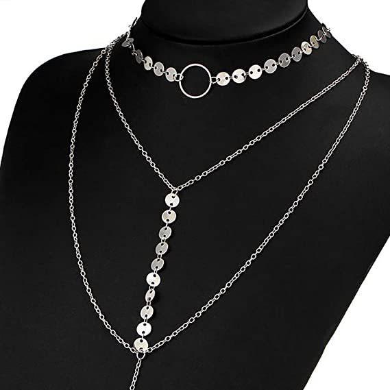 Simple and fashionable personalized multi-layer sequined chain necklace for women's sweater versatile rhinestone inlaid necklace