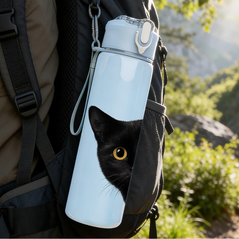 1PC Minimal Black Cat Portrait 750ml Color Plastic Sports Water Bottle Leakproof Flip Straw Lid Suitable for Sports Office Home Use