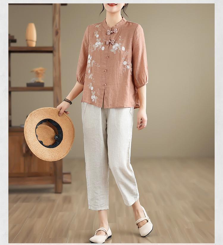 Dámská retro vyšívaná košile z bavlny a lnu se žabkovými knoflíky a stojáčkem