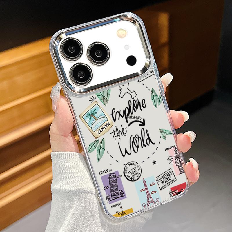 Retro Collage Style Phone Case For iPhone 17 Pro Max Plating Lens Frame Clear Soft Cover For iPhone 16 15 14 13 Pro Max 11 16E 17E