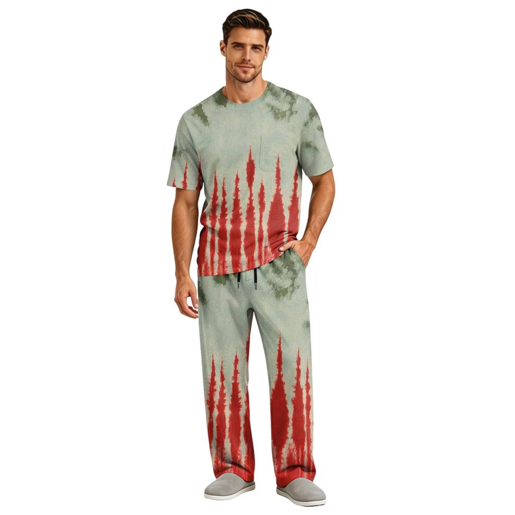 Men's Home Pajama Set, Short Sleeve Top and Long Pants with Button Fly and Drawstring Waist