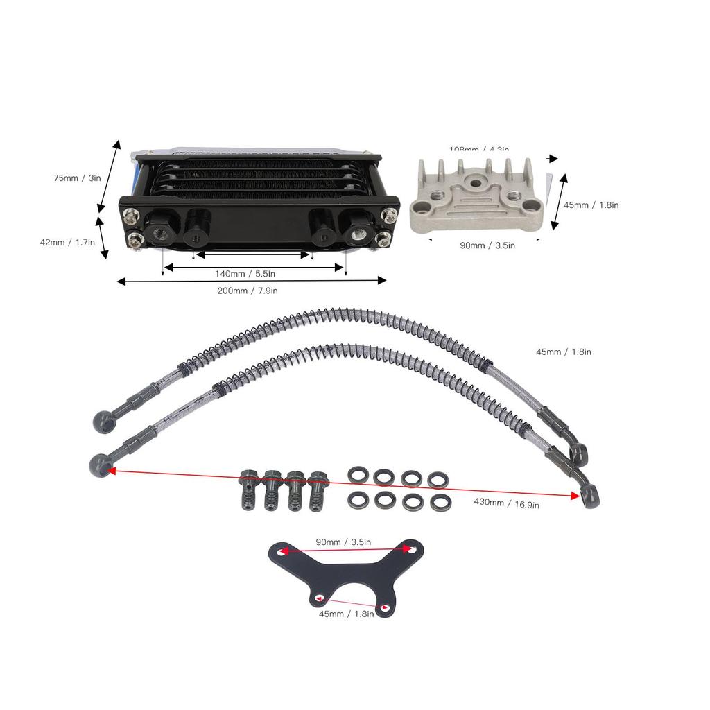 Motorcycle Engine Oil Cooler, 17PCS Motorcycle Oil Cooler Radiator Set, 4-Row Engine Oil Cooling Kit for Monkey 125cc-140cc, Dirt Bike Oil Cooler Cool