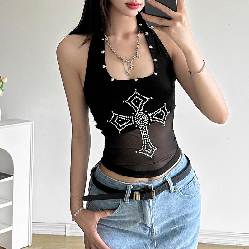 

AltGoth готический уличный черный жилет женский Harajuku Y2k E-girl гранж крест алмаз халтер укороченный топы хипстер рейв наряды