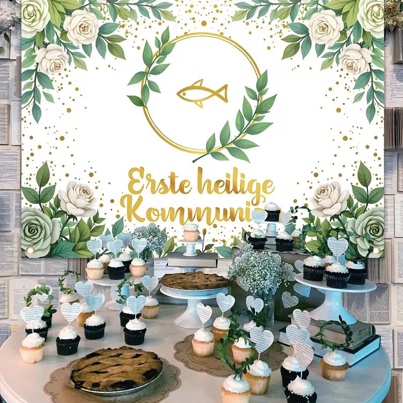 Erste heilige Kommunion Tapestry, First Holy Communion Backdrop with Gold Fish, Religious Party Decor