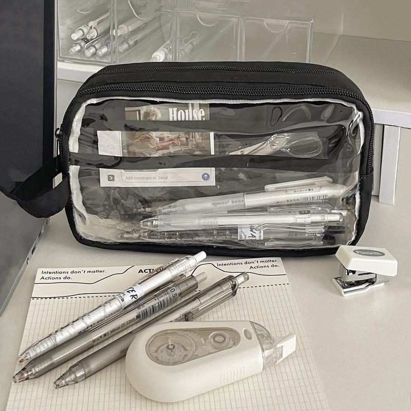 Transparent Visible Pencil Case Large Capacity Double Layer Splash Prevention Pen Pouch School Exam Stationery Bag