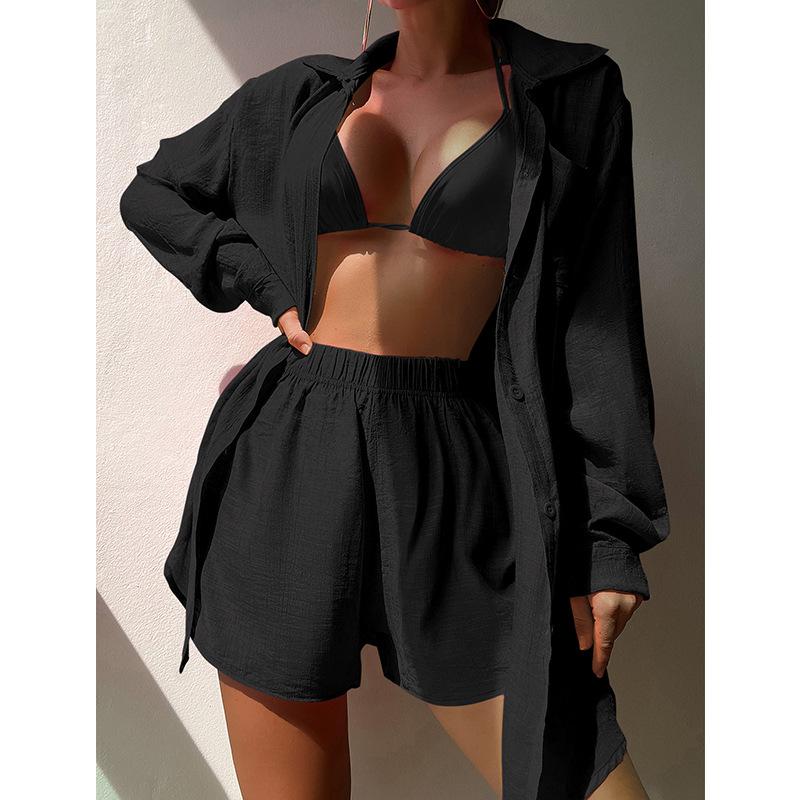 Fashion Beach Plus Size Two Piece Set Women Blouse Summer Beach Holiday Solid 2 Piece Sets Shirt Shorts Set Casual Sexy Loose Sunscreen Clothes 25175