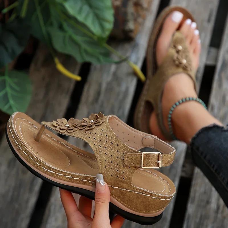 Fashion Flowers Decor Summer Womens Wedge Sandals Casual Clip Toe Platform Sandles Woman Comfortable Non Slip Rome Shoes Plus Size 43