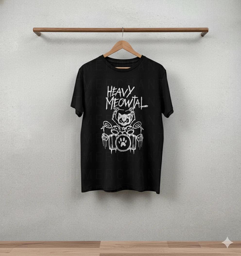 Unisex Adult Funny Graphic Heavy Meowtal Cat Drummer Graphic isex T... XXXL