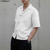 INCERUN Men Lapel Neck Short Sleeve Striped Lace-up Casual Loose Oversized Shirts