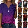 Womens Halloween Print V Neck Short Sleeve Button T Shirt Casual Fashion Top Lightweight Comfortable Fit