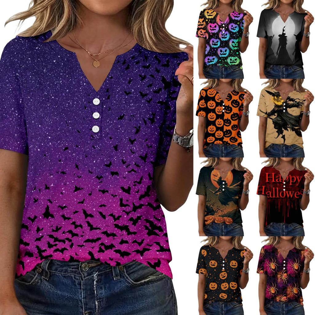 Womens Halloween Print V Neck Short Sleeve Button T Shirt Casual Fashion Top Lightweight Comfortable Fit