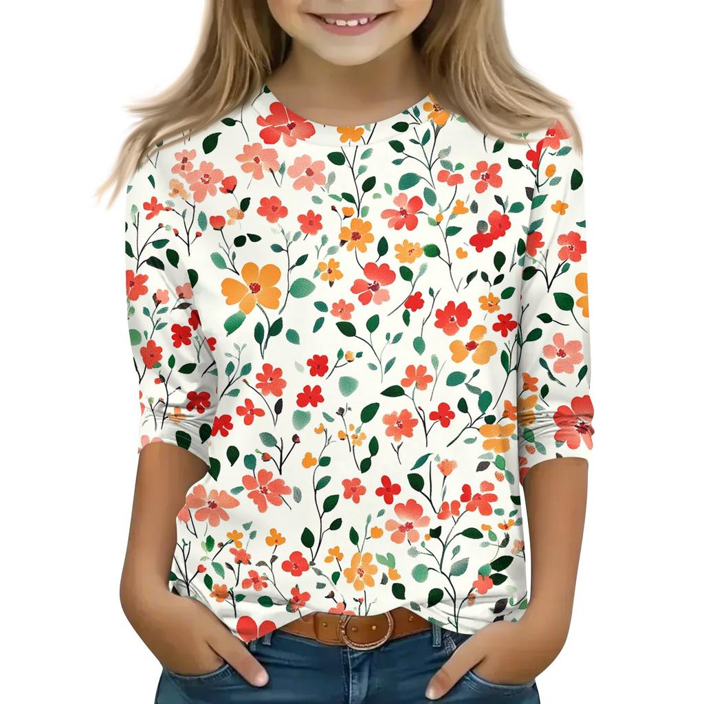 Print Tops For Youth Girls 5-16 Years Round Neck 3/4 Sleeves T-Shirts Trendy Tops Outfit Tees