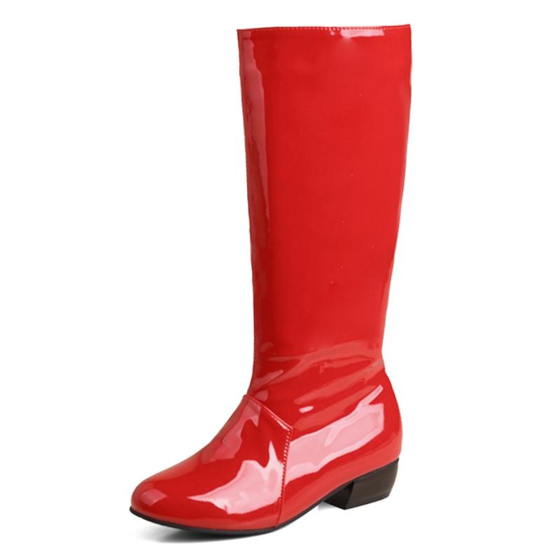 

Лаковые красные ботфорты женские модные на низком каблуке женские белые черные туфли для вечеринки на молнии зимние длинные дождевые ботинки осенние водонепроницаемые 40