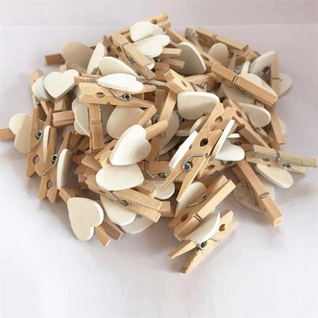 100X C Heart Love Wooden Clothes Photo Paper Peg Pin Mini Clothespin Postcard Clips Home Wedding Decoration Stationery